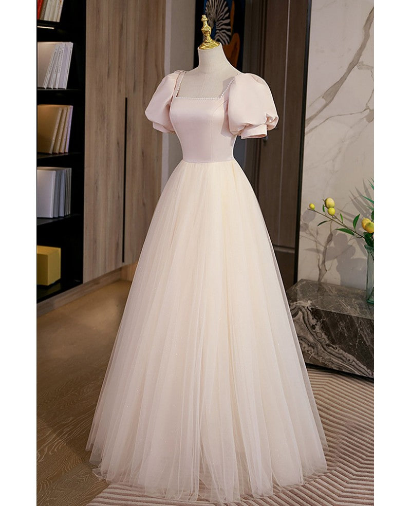 Simple and elegant red pink square neckline fluffy short sleeved ball dress with red pink A-shaped princess backless strap and ground length prom dress